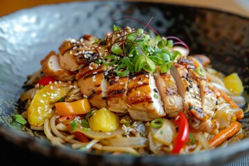 Canvas Print - Grilled chicken with wheat noodles and assorted vegetables and fruits