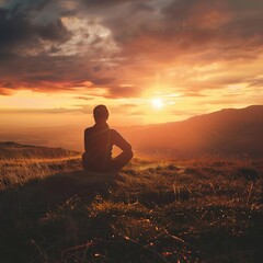 Poster - Solitary Figure Silhouetted Against Sunset Over Mountain Range