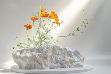 Poster - White Stone Podium With Orange Flowers for Minimalist Product Presentation