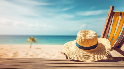 An inviting image of a comfortable beach chair with a straw hat placed on it, set against the backdrop of a beautiful ocean and a clear blue sky, symbolizing relaxation and leisure.