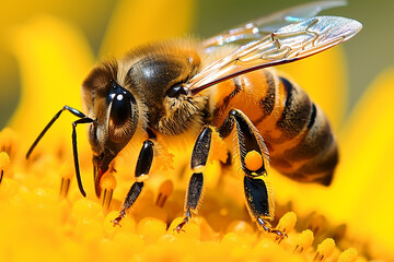 Wall Mural - A close-up shot of a honeybee collecting pollen from a vibrant sunflower, showcasing the importance of bees in pollination.