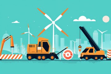 Illustration of construction equipment building wind turbines in a cityscape. Renewable energy and urban development concept.