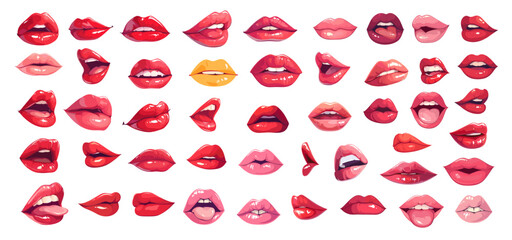 cartoon red lips set. woman cute lip open mouth sexy smiling kiss expressions sticking tongue, facia