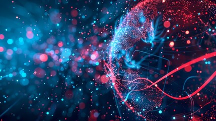 Fototapete - Digital globe image in blue and red hues. Abstract representation of global internet network or data communication. Dynamic and futuristic style. Perfect for tech or innovation themes. AI.