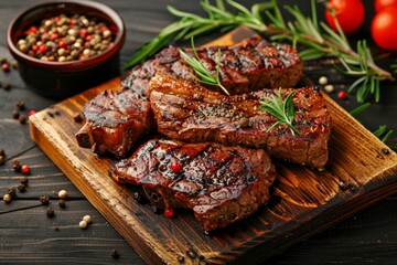 Poster - Grilled steaks with spices on wooden board