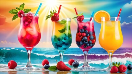 Wall Mural - Colored alcoholic cocktails against the background of the ocean