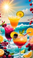 Wall Mural - Colored alcoholic cocktails against the background of the ocean