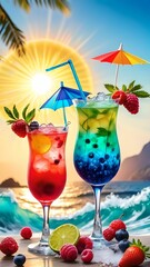 Wall Mural - Colored alcoholic cocktails against the background of the ocean