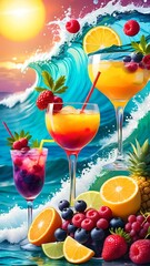 Wall Mural - Colored alcoholic cocktails against the background of the ocean