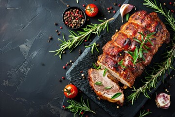 Wall Mural - Herbed and spiced pork roast on a black stone table