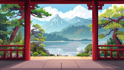 landscape Tranquil Mountain View From a Japanese Garden Pavilion, cartoon landscape