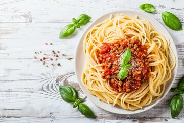 Italian spaghetti with tomato beef Bolognese and basil on white wooden table