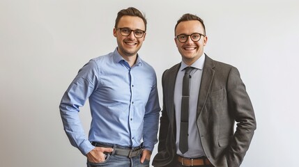 Wall Mural - Two young men stand against a plain background. One is in a blue shirt, the other in a gray suit. Professional attire. They both wear glasses and smile confidently. Business portrait style. AI