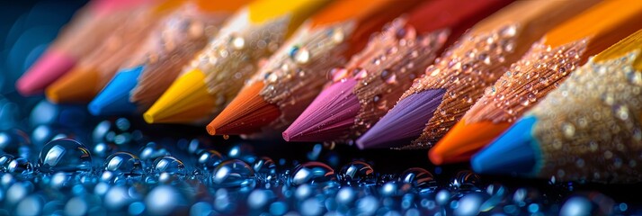 Aufkleber - Close-Up View of Colorful Pencils Covered in Water Droplets