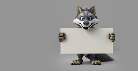 Canvas Print - Halloween Werewolf Holding a Blank Sign on a Grey Background with Space for Copy