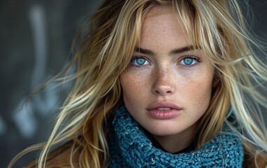 Wall Mural - A close-up portrait of a young woman with long blonde hair and blue eyes, wearing a blue knitted scarf. Her hair is slightly windblown