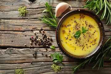 Wall Mural - Peppercorn sauce and ingredients in bowl on wood background