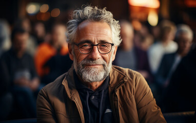 Poster - Closeup portrait of a senior man with gray hair sitting in a crowded place. He is smiling and wearing glasses