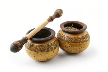 Poster - Mate gourds and bombilla calabash yerba mate vessels South American drink from Brazil Argentina Uruguay Paraguay White background