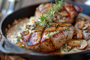 Modern version of traditional pork filet in cream sauce with chanterelle mushrooms and spaetzle on rustic skillet