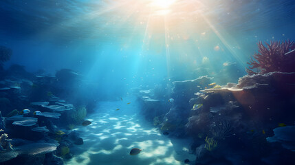 Underwater sea bathed in blue sunlight