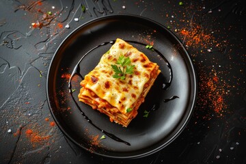 Poster - Overhead view of lasagna with beef and tomato sauce on plate against black background