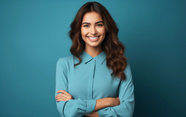 A young woman with long brown hair smiles and points to the side while standing against a blue background