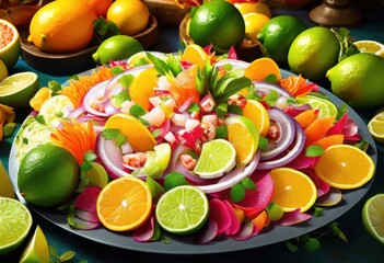 Canvas Print - refreshing citrus ceviche platter lime tropical seafood appetizer presentation, slices, lemon, dish, fruit, arrangement, garnish, elegant, shrimp, starter