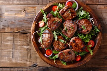 Wall Mural - Pork medallions with vegetable salad on wooden plate top view copy space