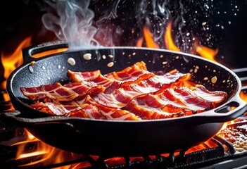 Poster - sizzling bacon cast iron hot grease splattering cooking breakfast scene, skillet, kitchen, food, frying, delicious, crispy, pork, meat, fat, savory, aroma, tasty