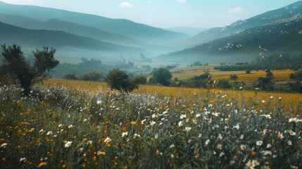 Poster - A serene landscape featuring a vibrant field of wildflowers set against a majestic mountain range