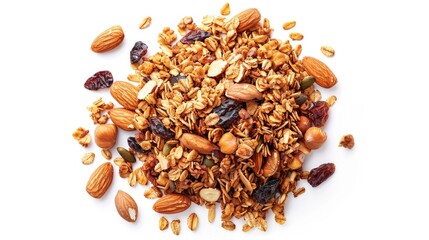 Poster - A cluster of mixed nuts and dried raisins on a white background, great for food or packaging concepts