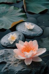 Canvas Print - A single pink flower sits atop a rock in a serene pond, perfect for use in nature-inspired designs and illustrations