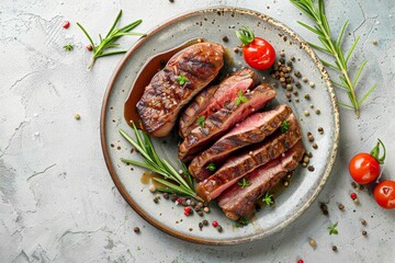 Wall Mural - Roasted meat with peppercorn sauce on a light plate