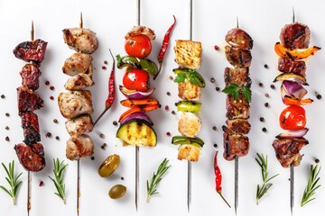 Poster - A collection of savory and sweet skewers arranged neatly on a white background