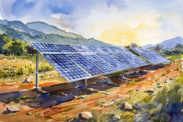 Poster - A picture of a solar panel in a field with blue sky and green grass