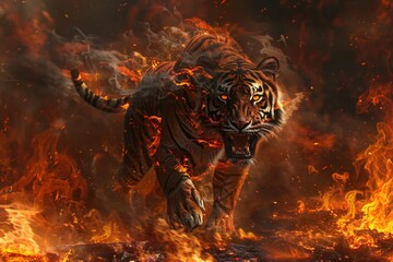 Poster - A tiger runs through a field filled with flames