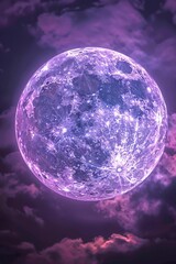 Aufkleber - A purple full moon is visible through the clouds in this nighttime image