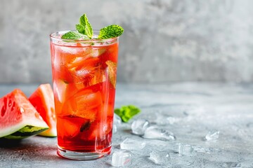 Canvas Print - Refreshing summer drink with mint leaf in clear glass on grey background