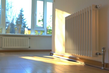Poster - A radiator sitting on the floor in front of a window, perfect for home decor or architecture photography