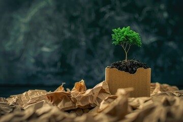 Poster - A small tree grows out of a cardboard box, with green leaves and tiny roots
