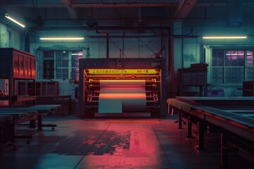 Poster - A picture of a large industrial machine with various parts and equipment surrounding it, possibly used for manufacturing or processing