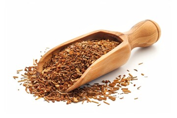 Wall Mural - Rooibos tea in wooden scoop on white background Latin name Aspalathus linearis Herb used for tea and cooking