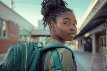 Sticker - A young girl carrying a backpack on a city street, possibly on her way to school or travel