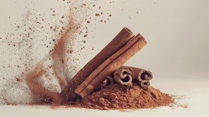 Poster - A pile of cinnamon sticks and powder on a white surface