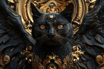Aufkleber - A black cat sits atop a golden clock in a simple, yet intriguing scene
