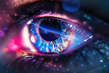 Aufkleber - A close-up shot of a person's eye with bright lights shining from behind,