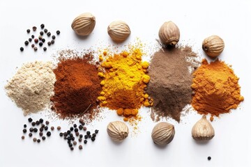 Poster - A selection of various spices and nuts arranged on a white surface, ideal for use in cooking or as a decorative element