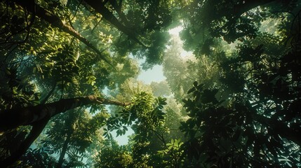 Poster - A glimpse into the treetops, revealing the dense foliage and dappled light of a forest canopy