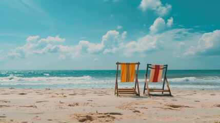 Wall Mural - Two beach chairs sitting on a sandy beach next to the ocean, perfect for relaxation and sunbathing